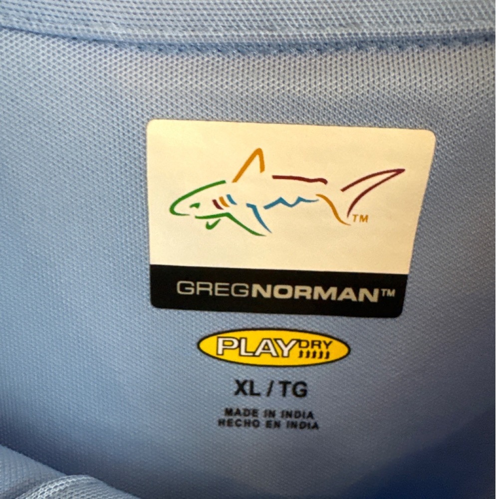 Greg Norman Mens XL Performance Golf Polo Shirt Blue Play Dry Shark Logo - Picture 2 of 4